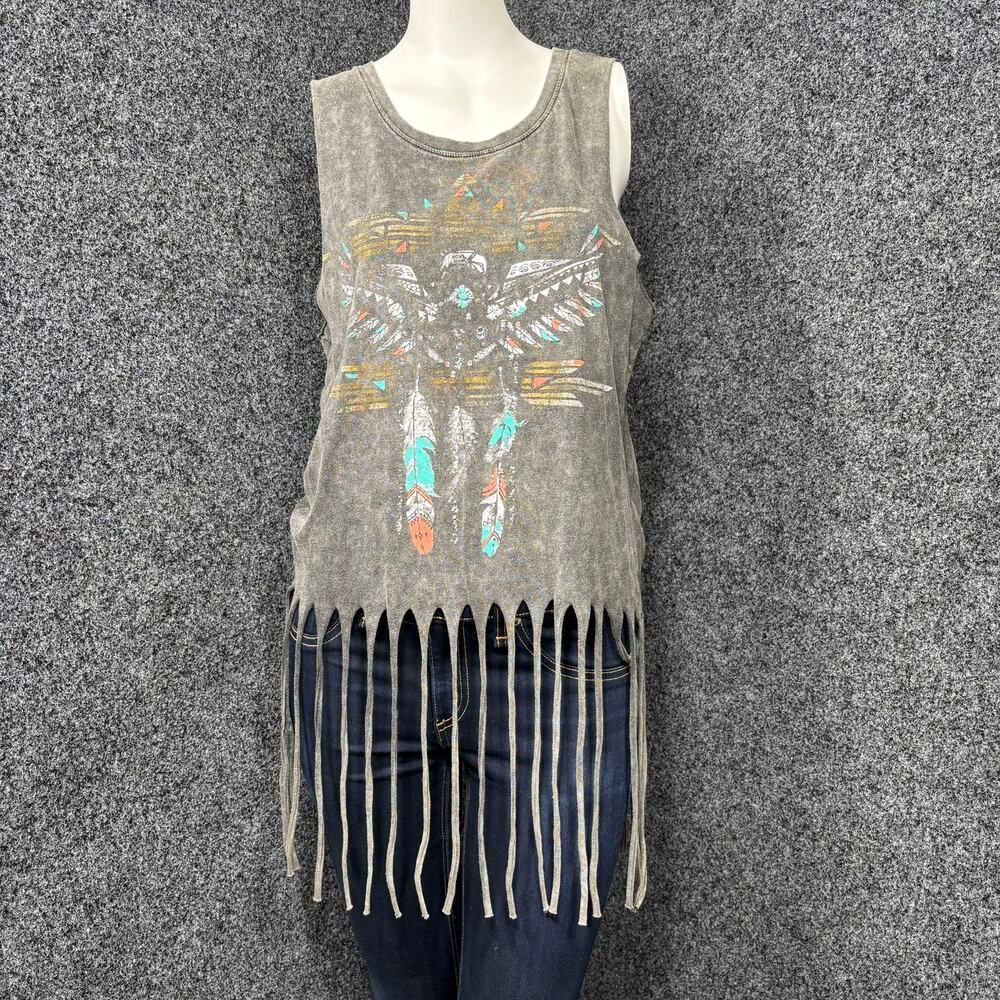NEW Sugar High Sleeveless Feather Fringe Distressed Cowgirl Rocker‎ Top Medium